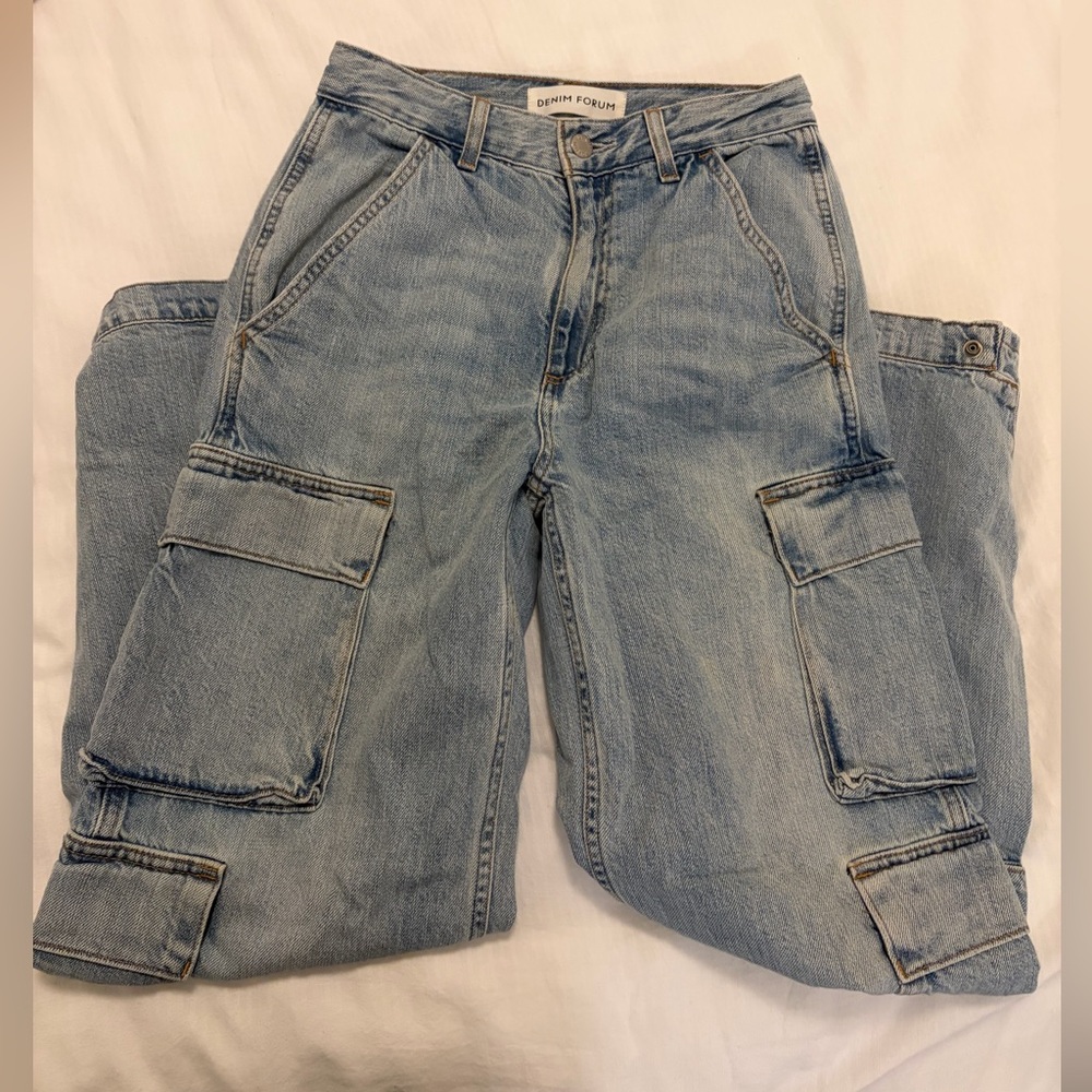 Denim Forum Light Blue High-Rise Cargo Jeans